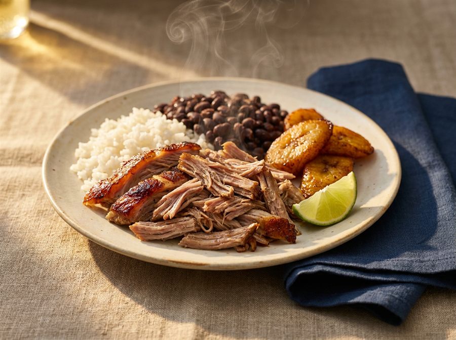 Cuban lechón asado with rice, black beans, and sweet plantains