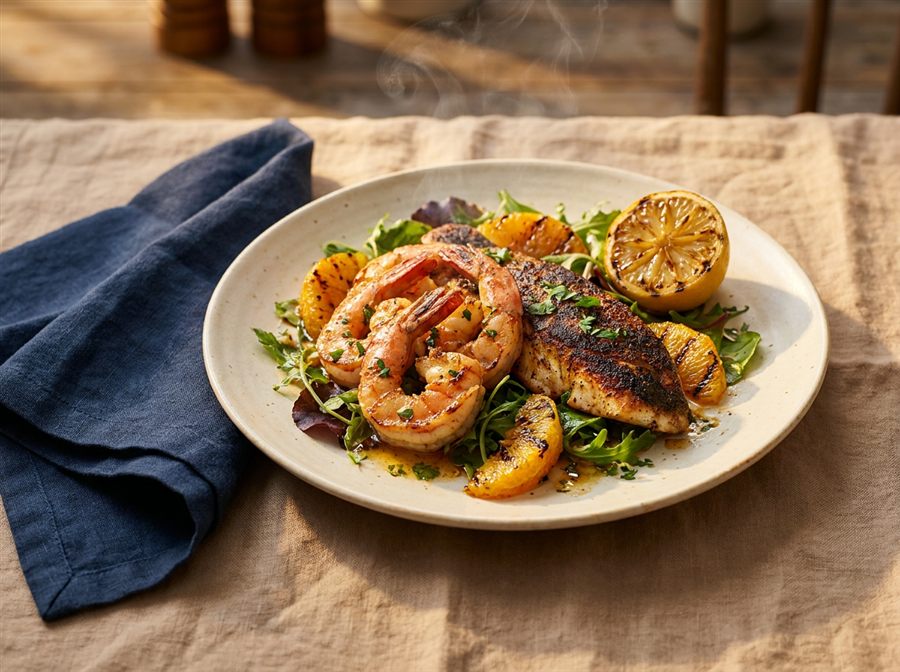 Seared shrimp and blackened snapper with citrus greens